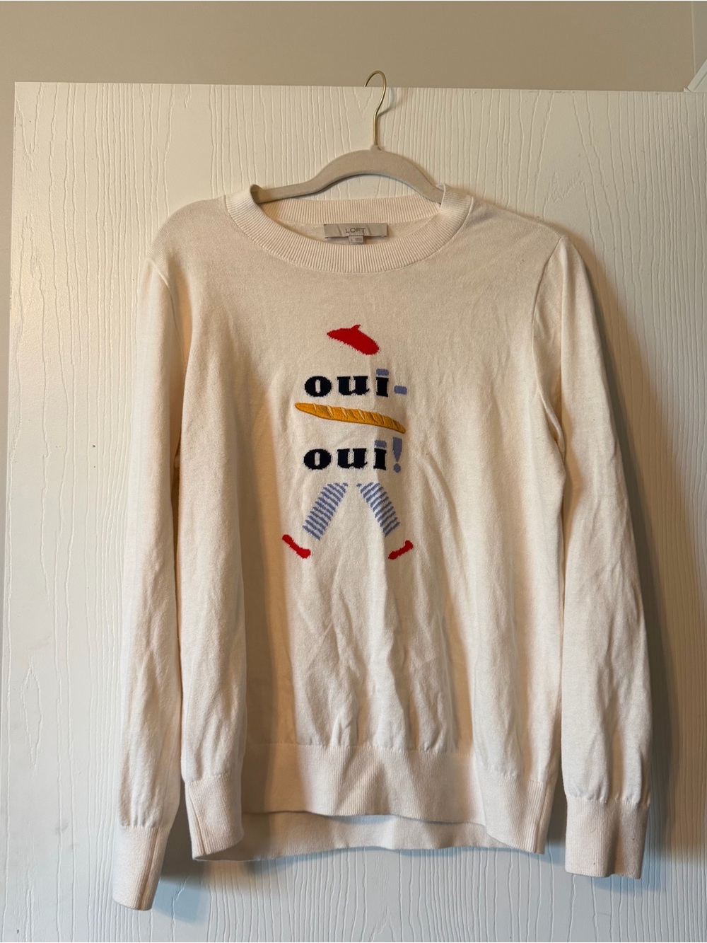 LOFT Ivory Sweater with Multicolor 'oui-oui' Graphic